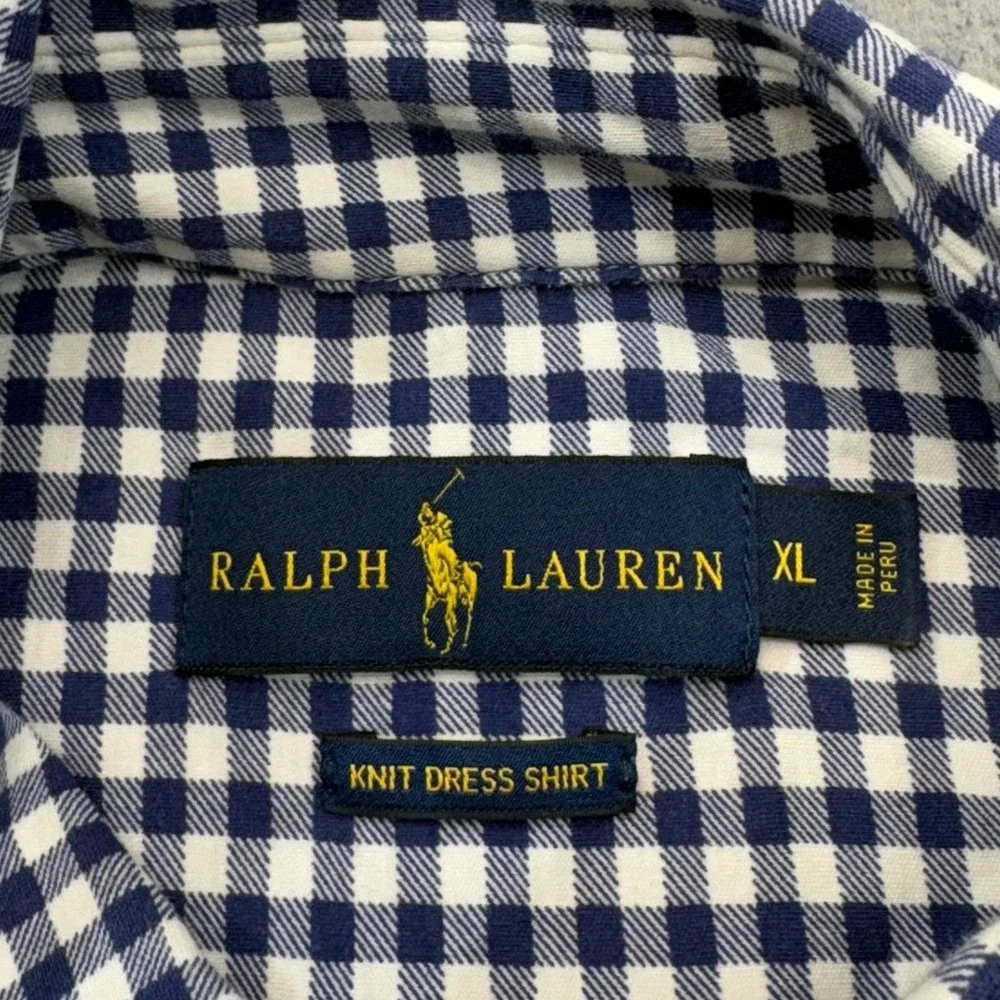 Polo Ralph Lauren Knit Dress Shirt Mens XL Blue Gingham Pima Cotton Pony